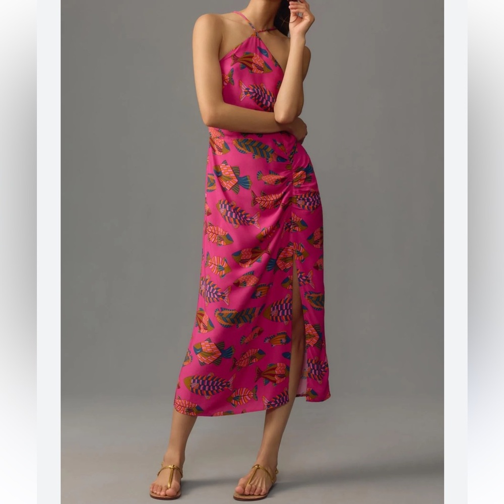 Anthropologie Farm Rio Halter Slim Midi Dress Pink Tropical Fish Smocked-Small